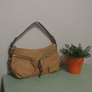 Camel colored multi zipper shoulder bag